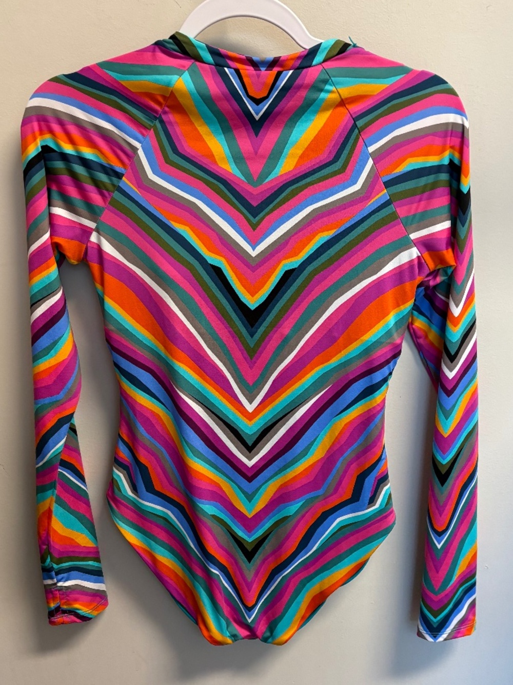 Trina Turk Louvre Printed Long Sleeve Swimsuit Pink Teal Crew Neck Medium - Picture 4 of 8